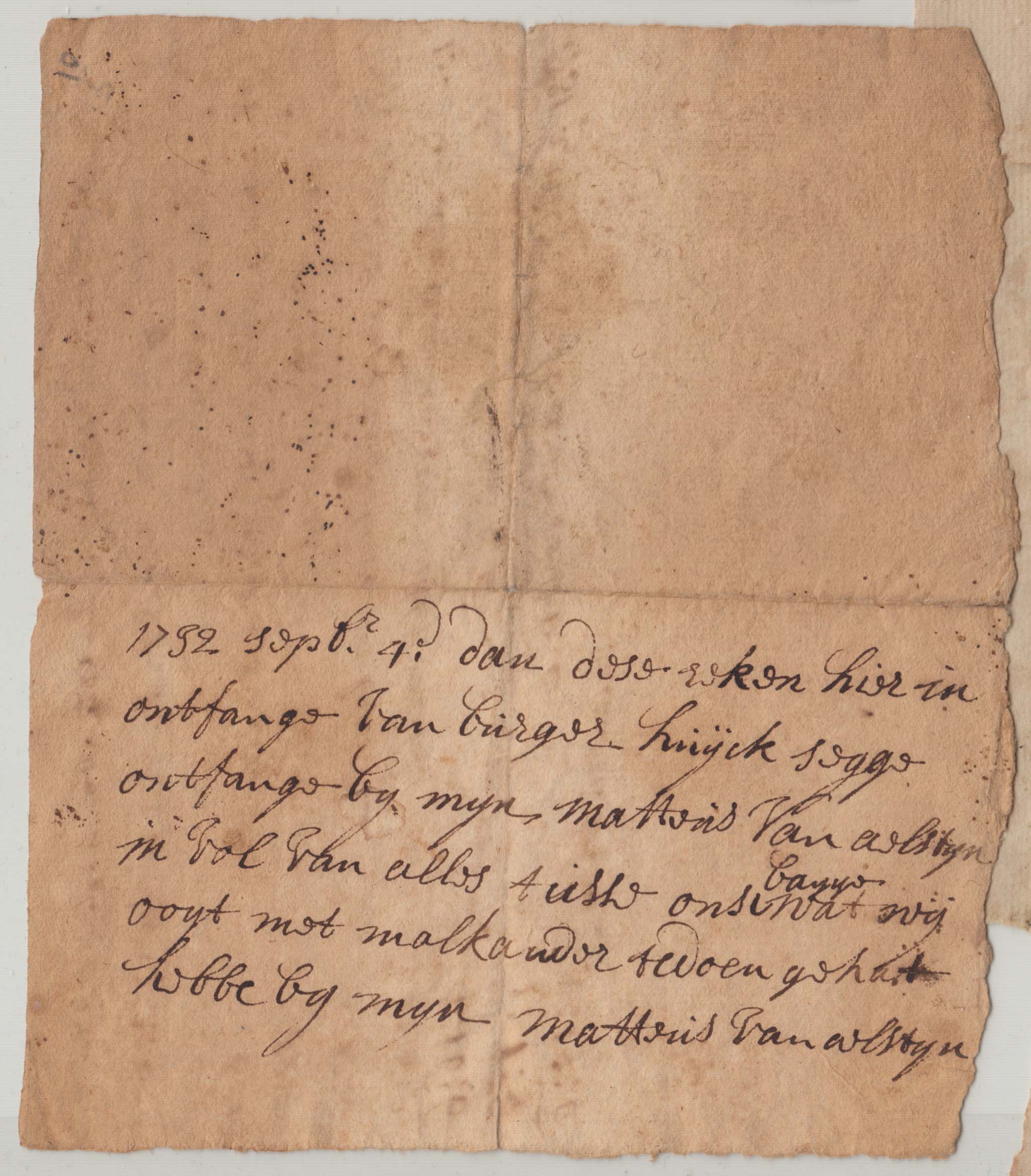 BH018 1732-09-04 Receipt, Mattius Van Alstyn to Burger Huyck, in Full of Everything